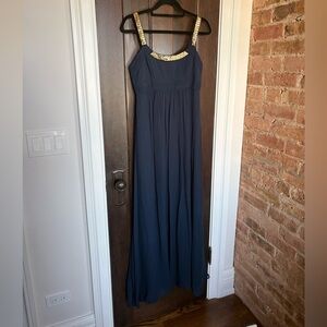 BCBGMaxAzria Navy Maxi Silk Dress with Gold Straps - SZ 6